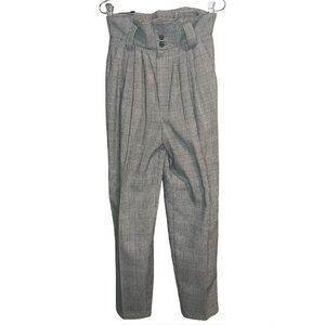 VTG Plaid Houndstooth Pleated Paper-bag High-Waisted Straight Leg Trousers